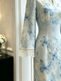Blue Butterfly Dress Dyed Lace Cheongsam Autumn New Style Gentle Temperament Waist Cinching Long Sleeved Dress