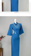 Elegant Blue Dress Cheongsam Autumn High-end Temperament Improved Embroidery Dress Women's Clothing