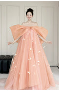 Super Fairy Morning Robe Women's Dress Pink Bow Bridal Engagement Dress Toasting  One-word Shoulder Birthday Party Dress