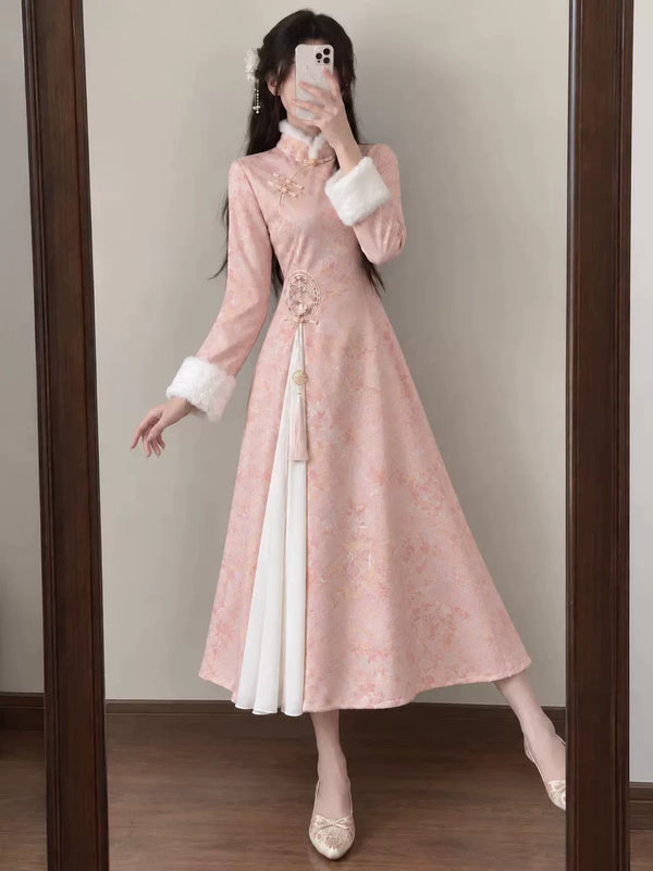 Pink Dress Audemars Piguet Modified Cheongsam for Young Girls Autumn and Winter with Added Velvet and Slim Fit Dress To Make Them Look Slimmer