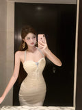 French Dress Temperament Socialite Muse Diamond Jewelry Cover Meat Skinny Suspender Dress Neck Design Lace Dress