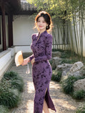Purple Jacquard Dress Improved Cheongsam Autumn Spring High-end Elegant Temperament Socialite Long Sleeved Waist Cinched Slit Slim Fit Dress