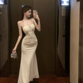 French Dress Temperament Socialite Muse Diamond Jewelry Cover Meat Skinny Suspender Dress Neck Design Lace Dress