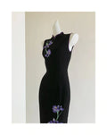 Oriental Aesthetics Dress Qipao National Style Purple Embroidery Retro Black Slim Hong Kong Workers Cheongsam