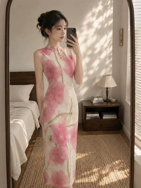 2026 Retro Purple Versatile Printed Citi Printed Cheongsam Dress Women's Gentle Style Aging and Slimming Long Skirt