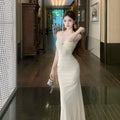 French Dress Temperament Socialite Muse Diamond Jewelry Cover Meat Skinny Suspender Dress Neck Design Lace Dress