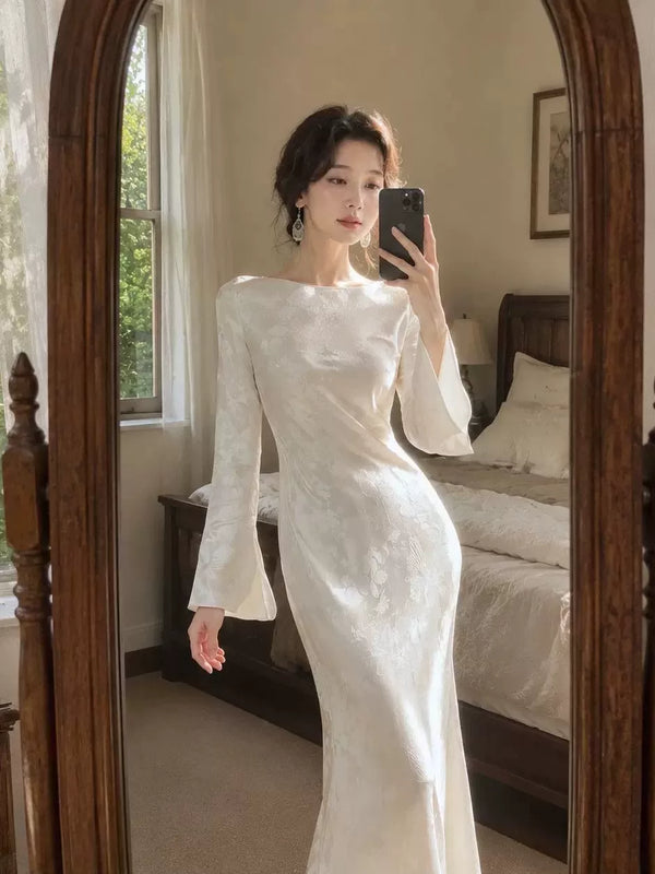 Satin Jacquard Dress for Women Clothes Autumn Spring Light Mature Elegant Slim Fit Cheongsam Fish Tail Dress