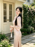 Stand Collar Pink Dress Satin Improved Cheongsam Autumn New Style Gentle Temperament Waist Slimming Dress