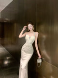 French Dress Temperament Socialite Muse Diamond Jewelry Cover Meat Skinny Suspender Dress Neck Design Lace Dress
