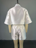 Fashion Beading Women's Set 3/4 Sleeve Shirt Tops and Shorts Sets  Summer Street Two 2 Piece Sets Outfits Tracksuit