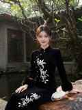 Embroidery Dress Qipao Slim-fit Black Long Sleeve Fleece Cheongsam Dress Women's Clothes
