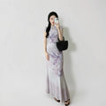 Pan Button Short Sleeved Cheongsam Top Printed Skirt Women's Set Summer Temperament Waist Cinching