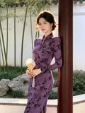 Purple Jacquard Dress Improved Cheongsam Autumn Spring High-end Elegant Temperament Socialite Long Sleeved Waist Cinched Slit Slim Fit Dress