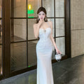 French Dress Temperament Socialite Muse Diamond Jewelry Cover Meat Skinny Suspender Dress Neck Design Lace Dress