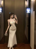 French Dress Temperament Socialite Muse Diamond Jewelry Cover Meat Skinny Suspender Dress Neck Design Lace Dress