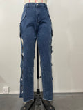 Women Streetwear Cutout Hollow Out Criss Cross Side Wide Leg  Blue Denim Pants  Fashion Sexy Party Jeans Trousers