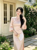 Stand Collar Pink Dress Satin Improved Cheongsam Autumn New Style Gentle Temperament Waist Slimming Dress