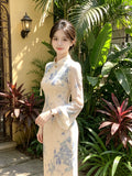Retro Style Cheongsam Women's Dress Autumn Jacquard Long Sleeved Dress, Daily Elegant and Sweet Women's Clothing