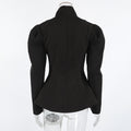 French Elegant Retro Black Blazer for Women Stand Collar Puff Sleeve Slimming Commuter Coats Female Winter Clothing