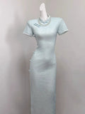 Light Blue Dress Cloud Shoulder Qipao Exquisite Engagement Dress 2026 New Improved Young Girl Dress Summer