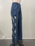 Women Streetwear Cutout Hollow Out Criss Cross Side Wide Leg  Blue Denim Pants  Fashion Sexy Party Jeans Trousers