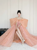 Super Fairy Morning Robe Women's Dress Pink Bow Bridal Engagement Dress Toasting  One-word Shoulder Birthday Party Dress