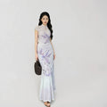 Pan Button Short Sleeved Cheongsam Top Printed Skirt Women's Set Summer Temperament Waist Cinching