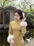 Dress Qipao 2026 New Velvet Cheongsam Skirt Autumn and Winter Yellow Inverted Large-sleeved Cheongsam