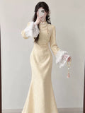 Yellow Dress Jacquard Elegant Sweet Improved Cheongsam High-end Long Sleeved Retro Temperament Slim Fit Winter Velvet Dress