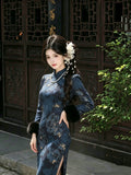 Beautiful Jacquard Cheongsam Autumn and Winter New National Style Improved Dress Women's Qipao Velvet Long-sleeved Lanling King Cheongsam