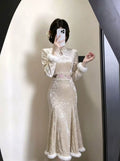 Winter Dress Fleece 2026 New Gentle Lady Beige Cheongsam Qipao Fish Tail Gentle and Generous