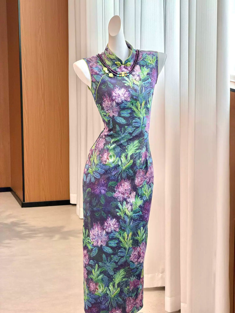2026 Retro Purple Versatile Printed Cheongsam Dress Women's Summer National Style Waist Up Long Skirt