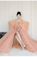Super Fairy Morning Robe Women's Dress Pink Bow Bridal Engagement Dress Toasting  One-word Shoulder Birthday Party Dress