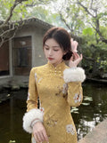 Dress Qipao 2026 New Velvet Cheongsam Skirt Autumn and Winter Yellow Inverted Large-sleeved Cheongsam