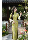 Autumn and Winter Long Sleeve Chiffon Embroidered Brocade Qipao Dress