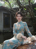 2026 Autumn and Winter Dress Velvet Thickened Long-sleeved Cheongsam Qipao White Jacquard Gentle and Elegant Long Dress