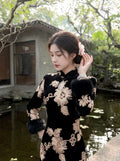 Champagne Slim-fitting Velvet Dress for Women Qipao Winter Cheongsam Temperament Light Luxury Hip-wrapped Skirt