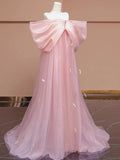 Super Fairy Morning Robe Women's Dress Pink Bow Bridal Engagement Dress Toasting  One-word Shoulder Birthday Party Dress