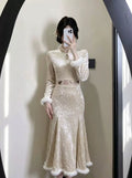 Winter Dress Fleece 2026 New Gentle Lady Beige Cheongsam Qipao Fish Tail Gentle and Generous