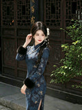 Beautiful Jacquard Cheongsam Autumn and Winter New National Style Improved Dress Women's Qipao Velvet Long-sleeved Lanling King Cheongsam