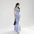 Pan Button Short Sleeved Cheongsam Top Printed Skirt Women's Set Summer Temperament Waist Cinching