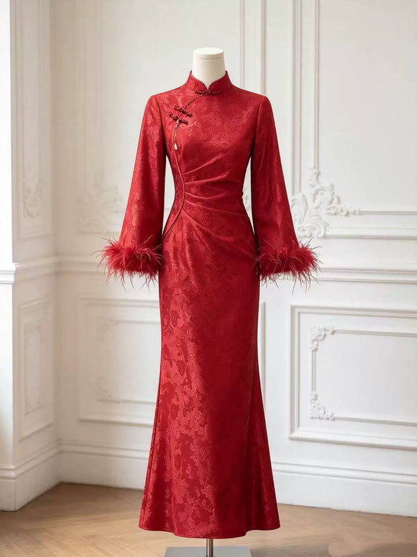 High End Cheongsam Improved Toast Dress Autumn/winter 2026 New Wine Red Fish Tail Engagement Evening Dress Women's Banquet Dress Clothing