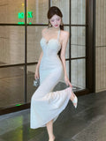 French Dress Temperament Socialite Muse Diamond Jewelry Cover Meat Skinny Suspender Dress Neck Design Lace Dress