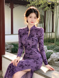 Purple Jacquard Dress Improved Cheongsam Autumn Spring High-end Elegant Temperament Socialite Long Sleeved Waist Cinched Slit Slim Fit Dress