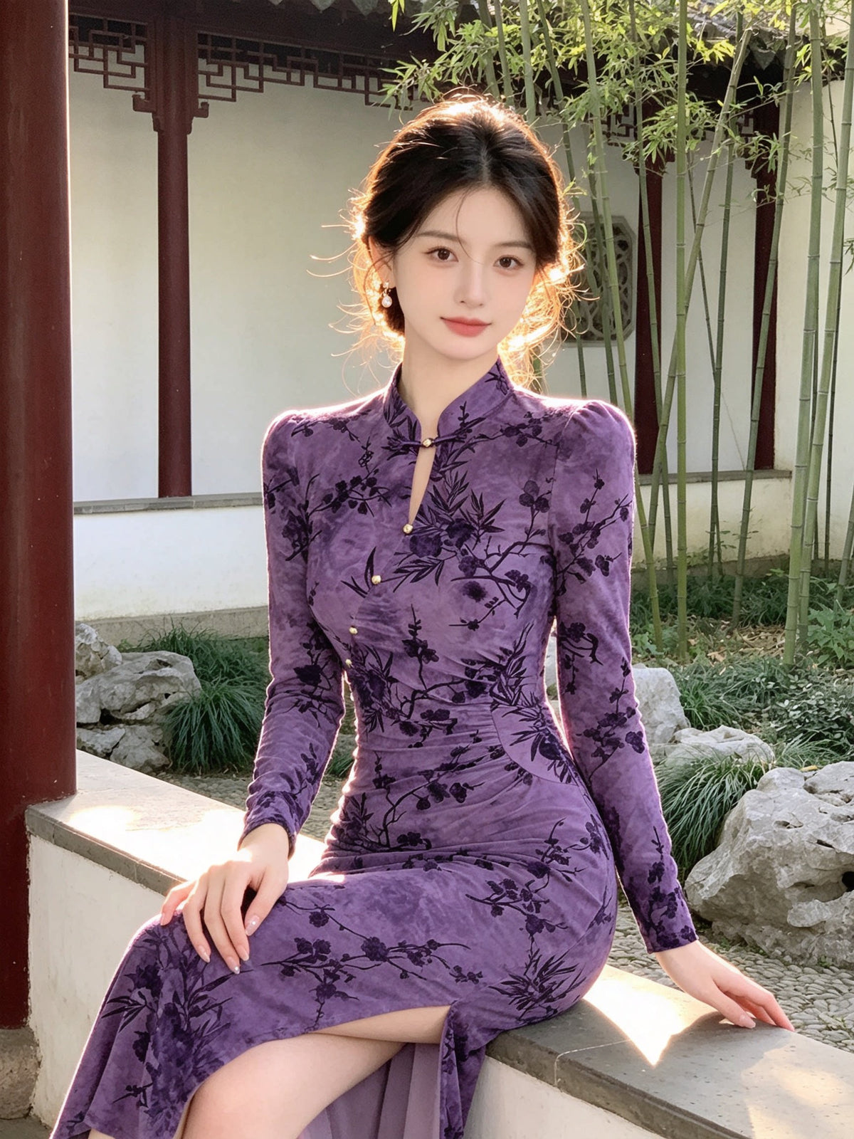 Purple Jacquard Dress Improved Cheongsam Autumn Spring High-end Elegant Temperament Socialite Long Sleeved Waist Cinched Slit Slim Fit Dress