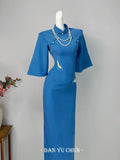 Elegant Blue Dress Cheongsam Autumn High-end Temperament Improved Embroidery Dress Women's Clothing