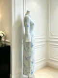 Blue Butterfly Dress Dyed Lace Cheongsam Autumn New Style Gentle Temperament Waist Cinching Long Sleeved Dress