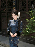 Beautiful Jacquard Cheongsam Autumn and Winter New National Style Improved Dress Women's Qipao Velvet Long-sleeved Lanling King Cheongsam