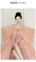 Super Fairy Morning Robe Women's Dress Pink Bow Bridal Engagement Dress Toasting  One-word Shoulder Birthday Party Dress