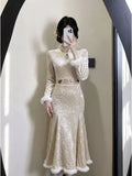 Winter Dress Fleece 2026 New Gentle Lady Beige Cheongsam Qipao Fish Tail Gentle and Generous